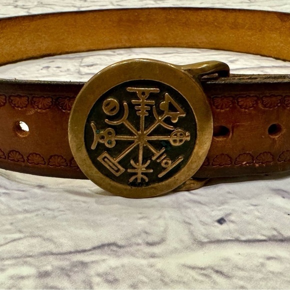 Rare Tech Ether Guild Rhumb TEG Brass 1970s Vintage Belt Buckle Leather Belt 42” - Picture 4 of 6